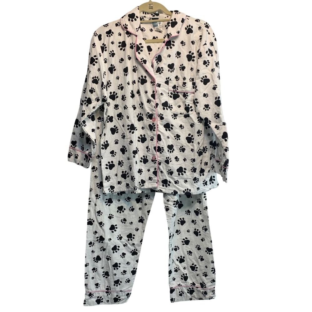 Shut Eye Pajama Set Medium White Black Paw Print Cotton Button Front PJs 75435